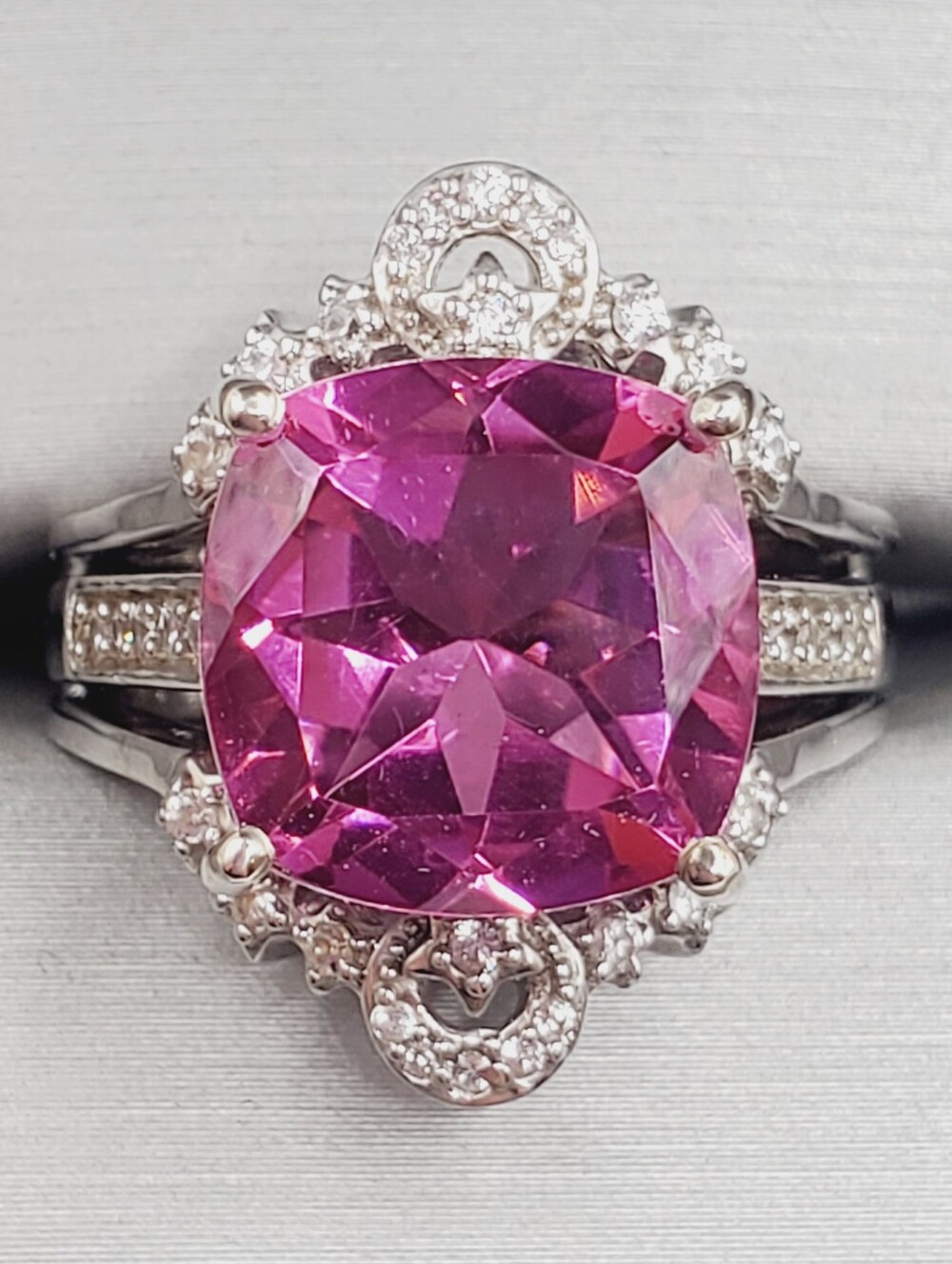 Cushion Pink Quartz & White Zircon Halo Bridal Wedding Ring Set Platinum | 925